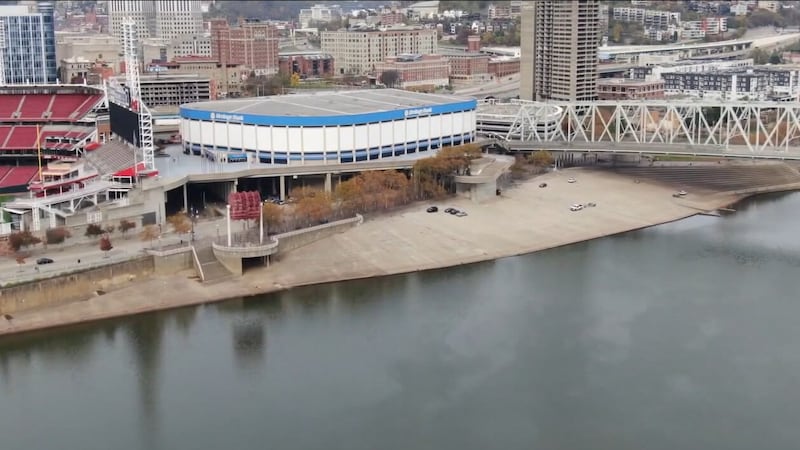 The concrete steps located on the back side of Heritage Bank Arena near the Ohio River show...