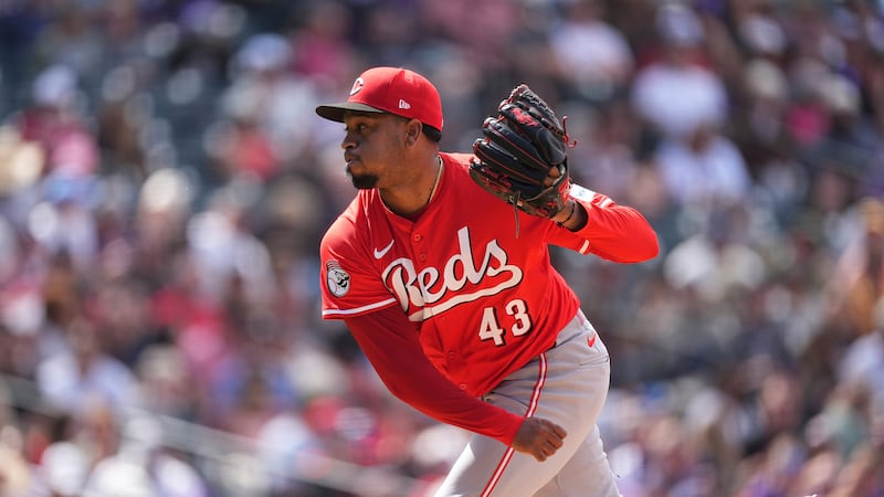 Cincinnati Reds relief pitcher Alexis Díaz (43) in the eighth inning of a baseball game...