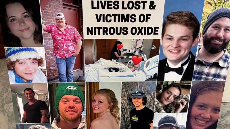 A poster board that features the people who lost their lives from a nitrous oxide addiction.