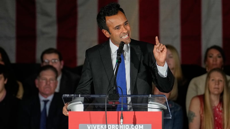 Vivek Ramaswamy, a Republican candidate for governor of Ohio, speaks at a rally Wednesday,...