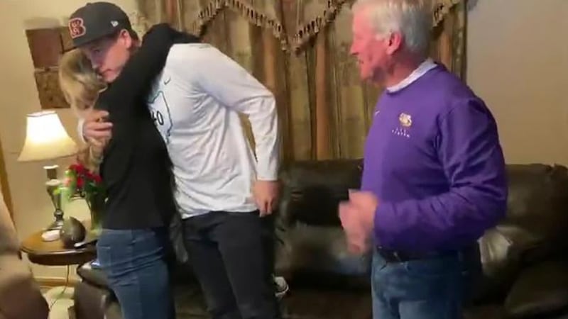 In this still image from video provided by the NFL, LSU quarterback Joe Burrow celebrates, in...