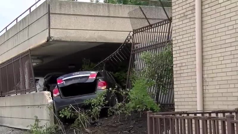 Concrete, trees and the vehicle flew into the parking garage, hitting multiple vehicles.