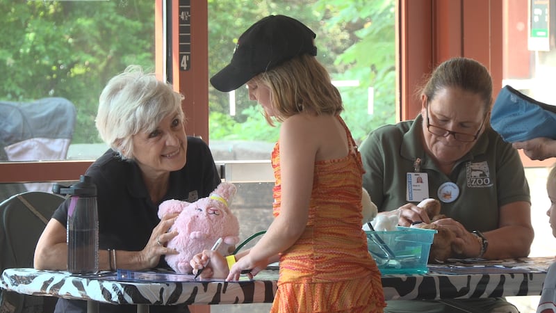 Children used stethoscopes, flashlights and tongue depressors to give their plush animals...