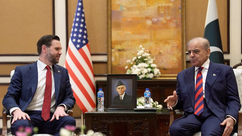 U.S. Vice President JD Vance meets with Pakistan's Prime Minister Shehbaz Sharif, Saturday,...