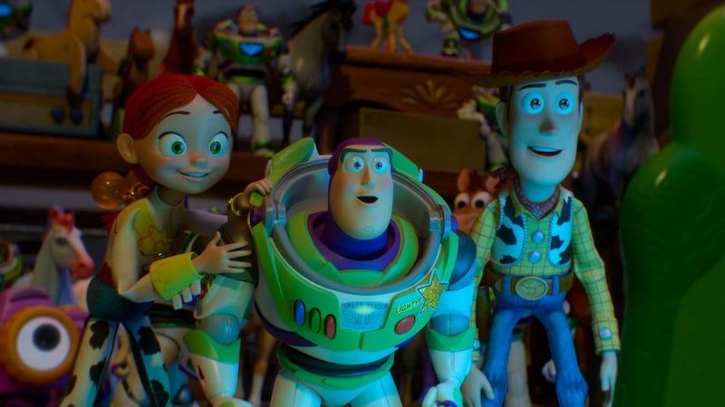 (L-R): Jessie, Buzz Lightyear, and Woody in Disney and Pixar's TOY STORY 5. Photo courtesy of...