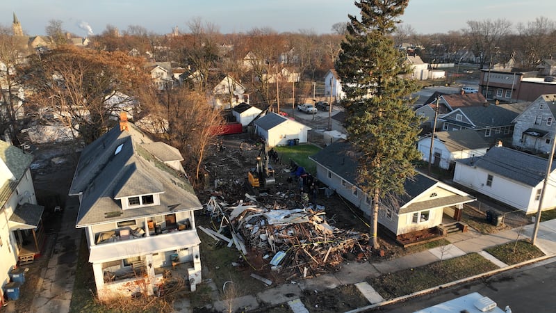 13 Action News drone footage shows what remains of a burned-down home on Baden in Toledo where...