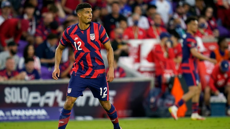 United States' Miles Robinson looks to pass the ball against Panama during the first half of a...