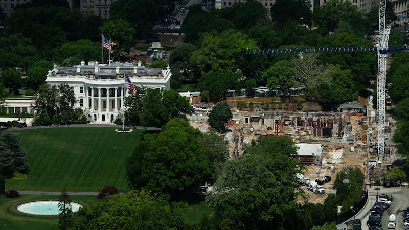Construction on the new White House ballroom is seen from the Washington Monument, Monday,...