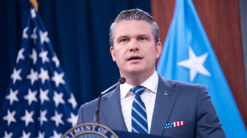 Defense Secretary Pete Hegseth speaks to members of the media during a press briefing at the...