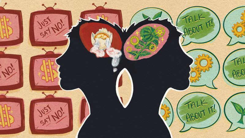A digital illustration in colorful gouache shows silhouettes of the heads of two
children...