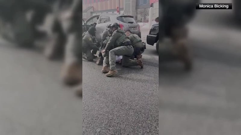 Video captured in Minneapolis shows an ICE agent kneeing a detained man on the ground.