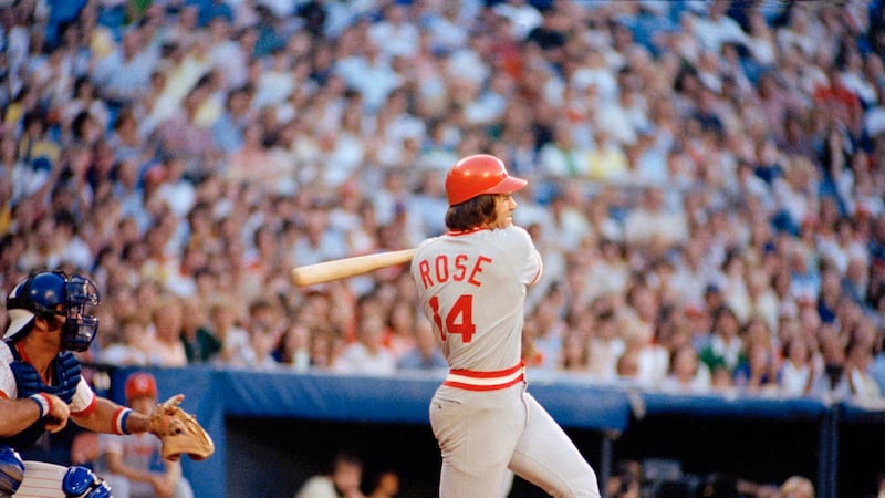 FILE - Pete Rose of the Cincinnati Reds in action at the bat against the Atlanta Braves in...