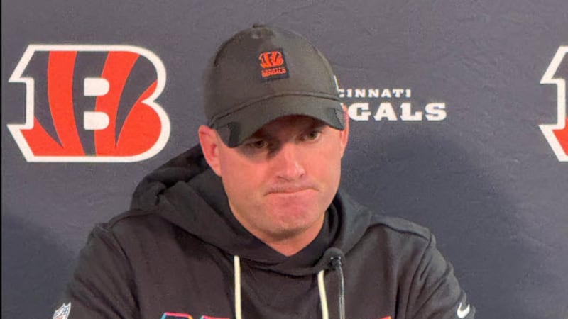 Bengals Head Coach Zac Taylor faces the cameras after the team's 28-3 loss to the Broncos on...