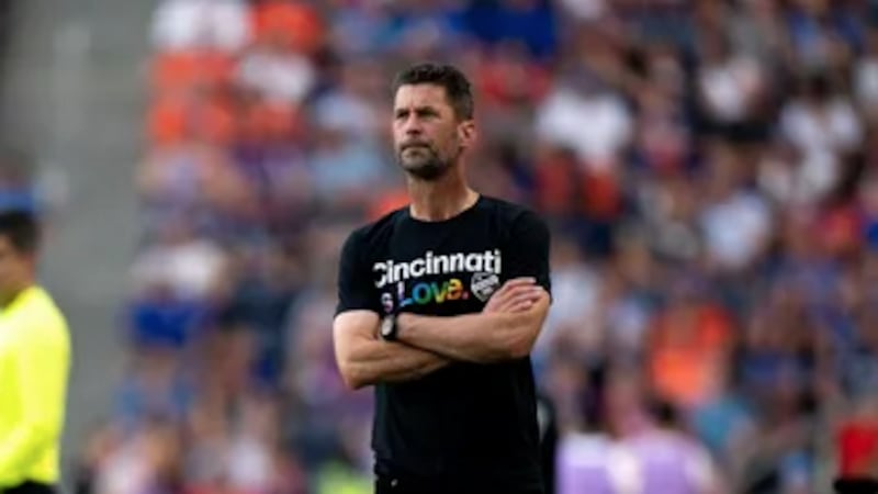 FC Cincinnati coach Pat Noonan looks on in the first half of the MLS match at TQL Stadium in...
