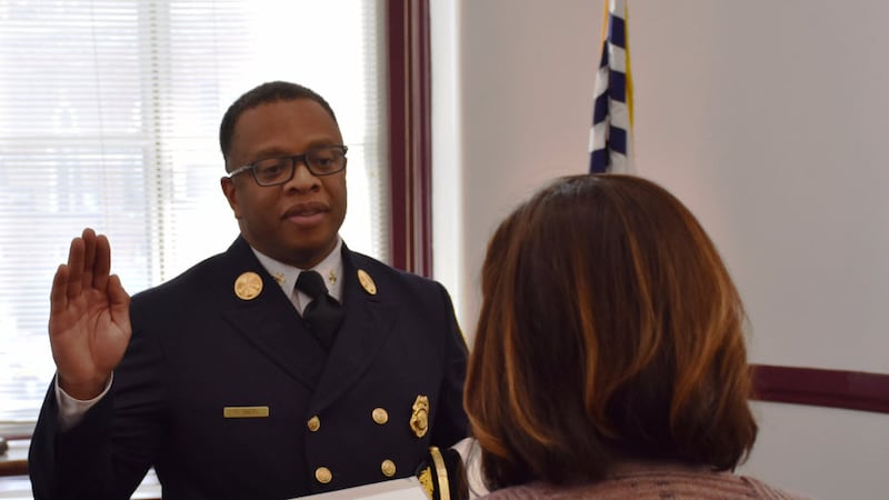 Sherman Smith being formally sworn in as Assistant Fire Chief for the Cincinnati Fire...