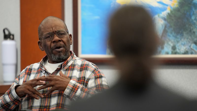 Defense attorney Michael Sanft, foreground, cross examines James McDonald during the murder...