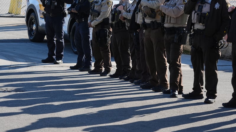 FILE - Cook County Sheriff Police guard as protesters gather outside an ICE processing...