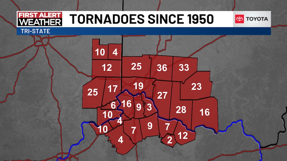 Warren County has reported the most tornadoes since 1950 at 36.