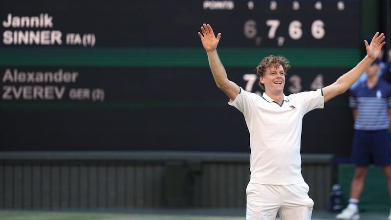 Jannik Sinner of Italy reacts to winning against Alexander Zverev of Germany in the men's...