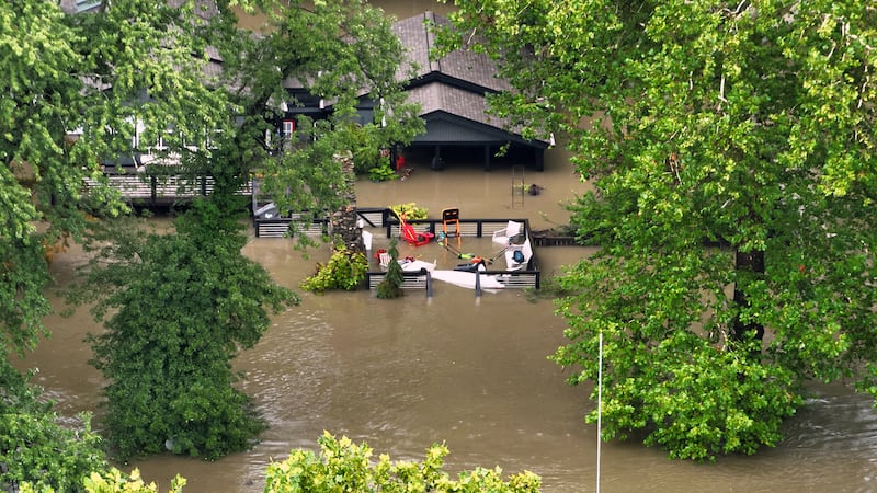 This aerial photo provided by the Indianapolis Fire Department shows flooding in northern...