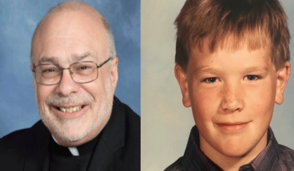 Now-former Father Geoff Drew (left) and Paul Neyer (right) pictured as a boy at St. Jude...