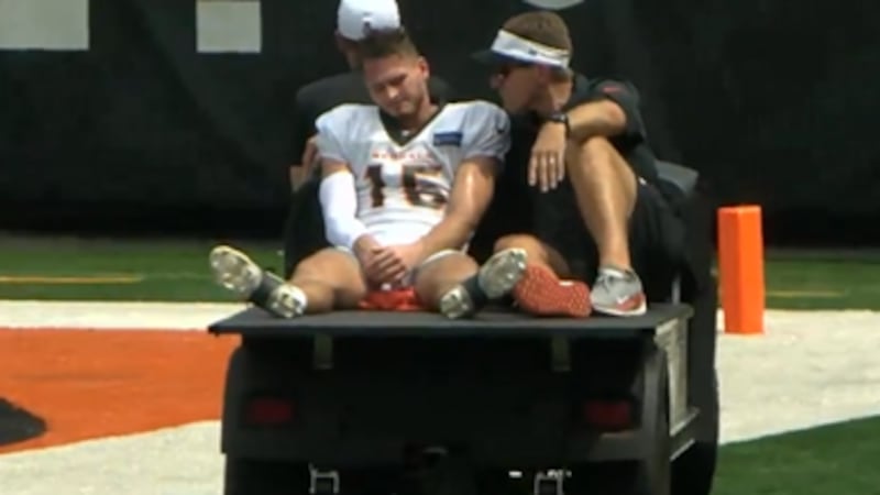 Bengals wide receiver Charlie Jones was carted off at practice Thursday.