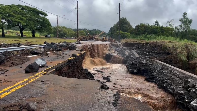 Portions of Highway 11, also known as the Hawaii Belt Road, sustained severe damage and heavy...