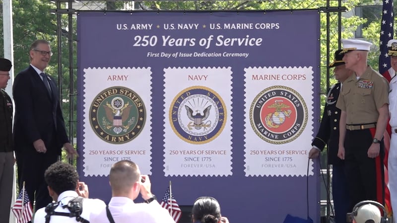 The stamps commemorate the 250th anniversary of the founding of the Army, Navy and Marines.